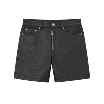 BLACK CROSS PATCH LEATHER SHORTS K13