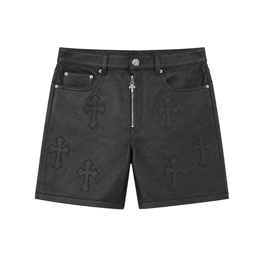 BLACK CROSS PATCH LEATHER SHORTS K13