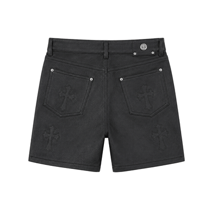 BLACK CROSS PATCH LEATHER SHORTS K13
