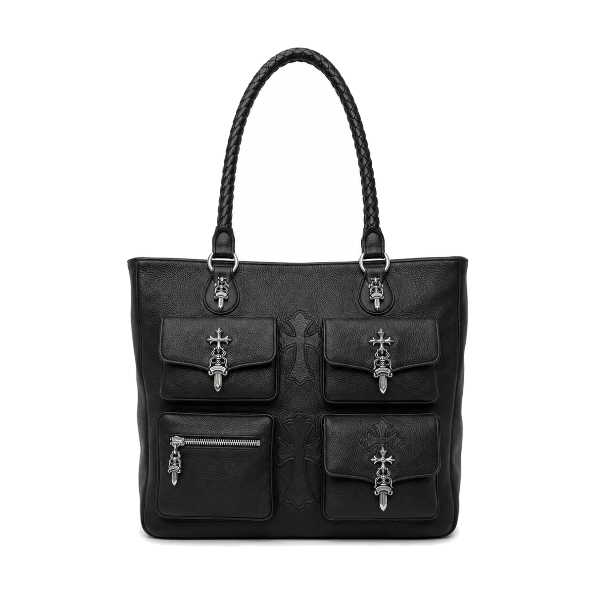 BLACK 4 POCKET CROSS PATCH TOTE BAG