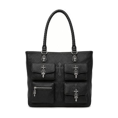 BLACK 4 POCKET CROSS PATCH TOTE BAG