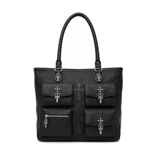 BLACK 4 POCKET CROSS PATCH TOTE BAG