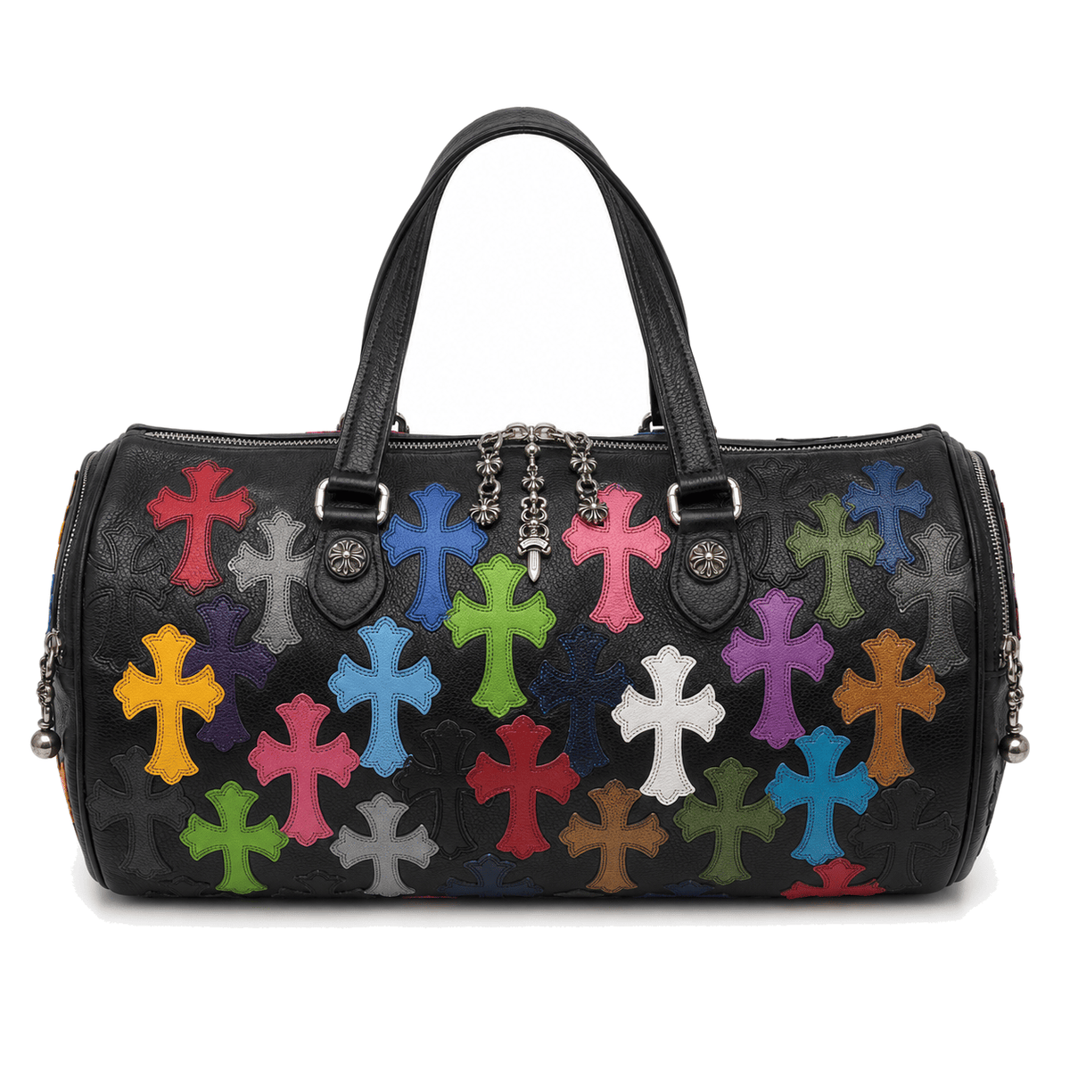 BLACK MULTICOLOR CROSS PATCH DUFFLE BAG