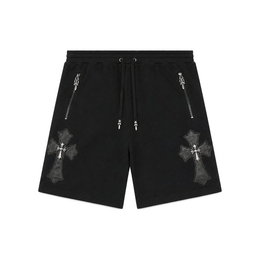 BLACK LEATHER CROSS PATCH SCROLL SHORTS