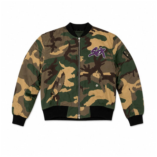 GREEN CAMO SEX RECORDS BOMBER JACKET