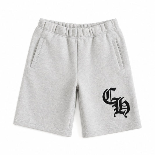 GREY GOTHIC LOGO SHORTS