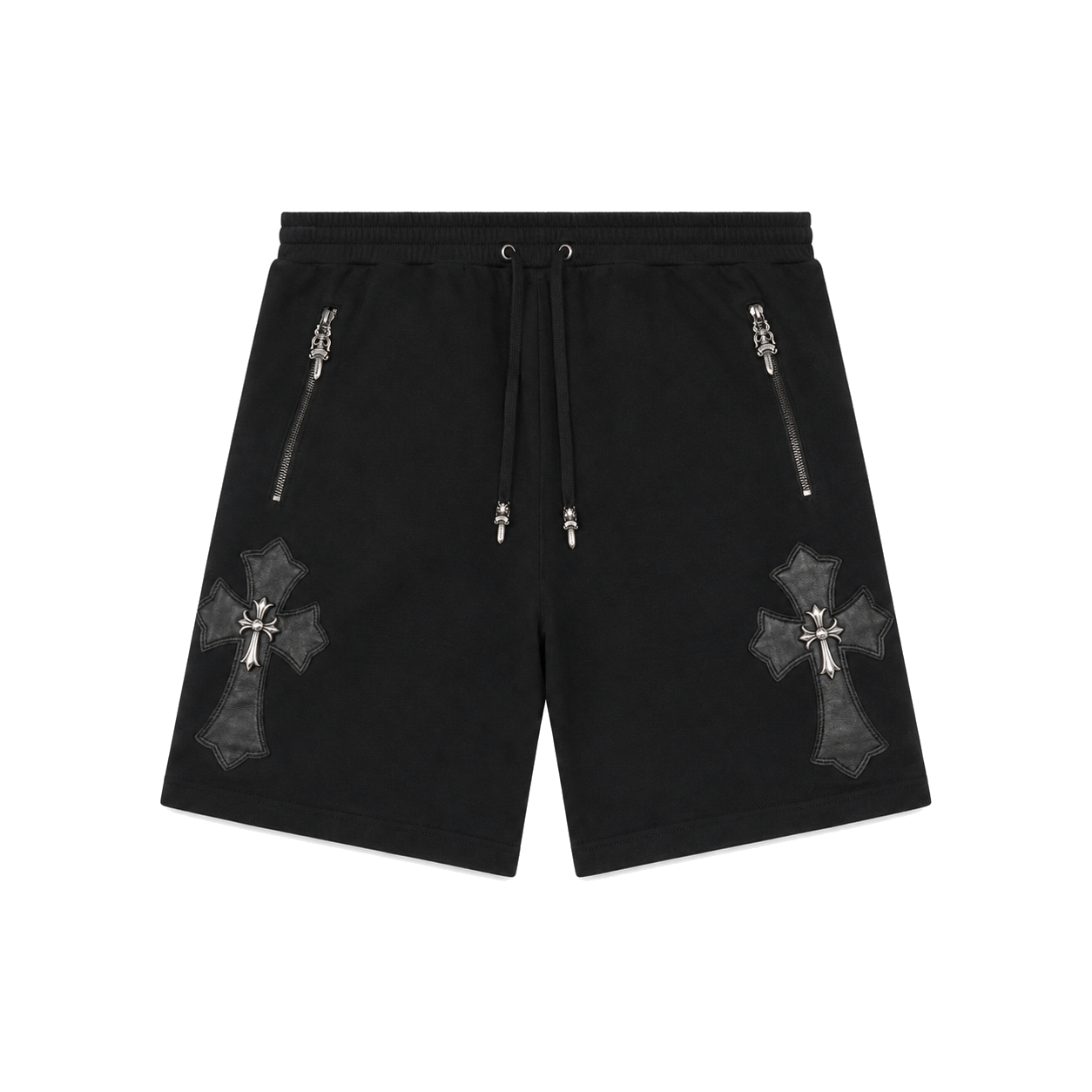 BLACK LEATHER CROSS PATCH SCROLL SHORTS front