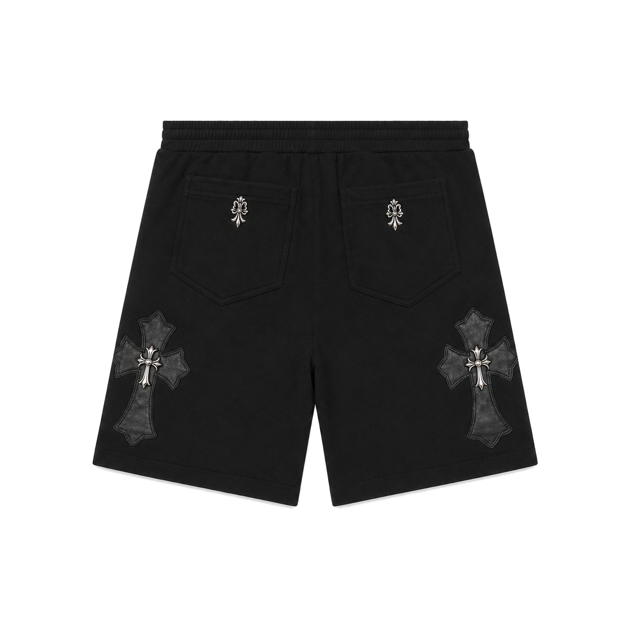 BLACK LEATHER CROSS PATCH SCROLL SHORTS back