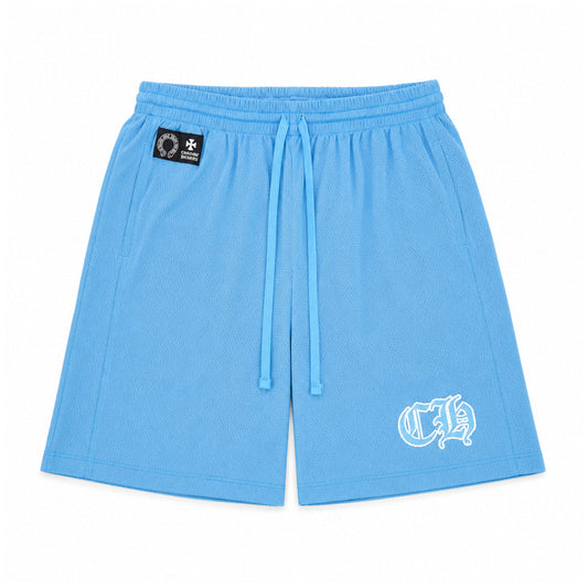 BLUE SPORTS MESH VARSITY SHORTS — front view