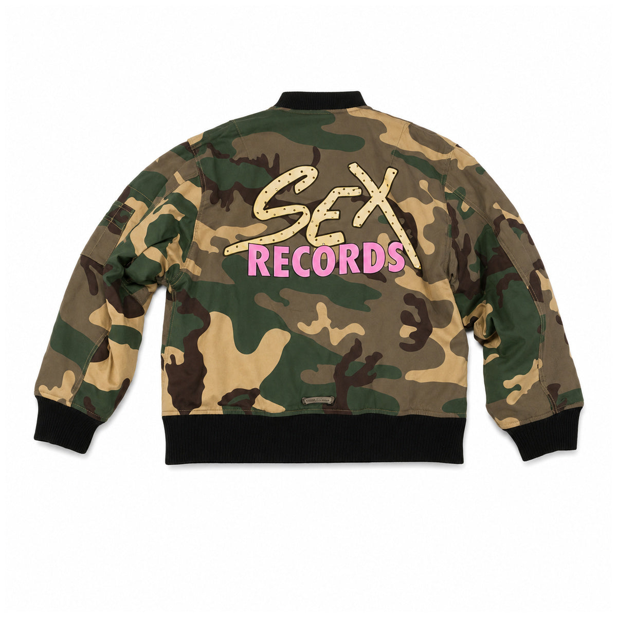 GREEN CAMO SEX RECORDS BOMBER JACKET — back view