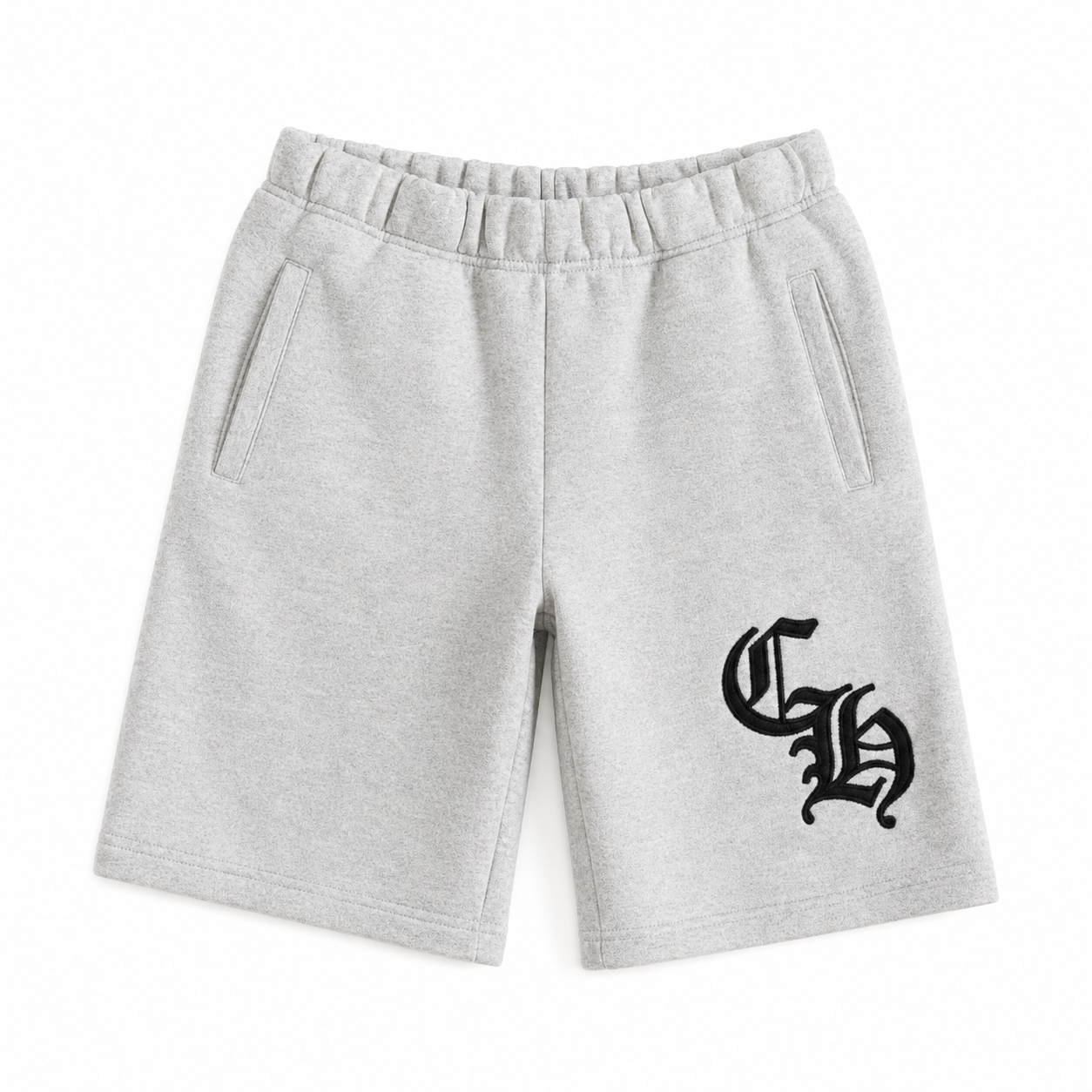 Grey Gothic Logo Shorts front