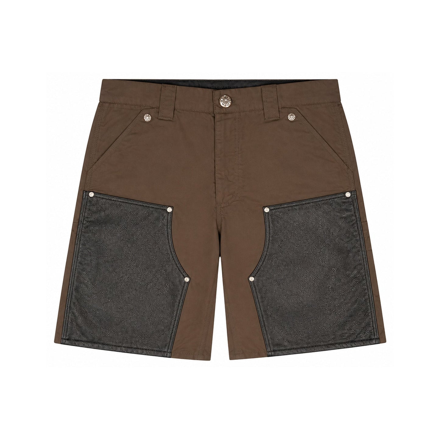 LEATHER DOUBLE KNEE NYLON CARPENTER SHORTS BLACK BROWN - front