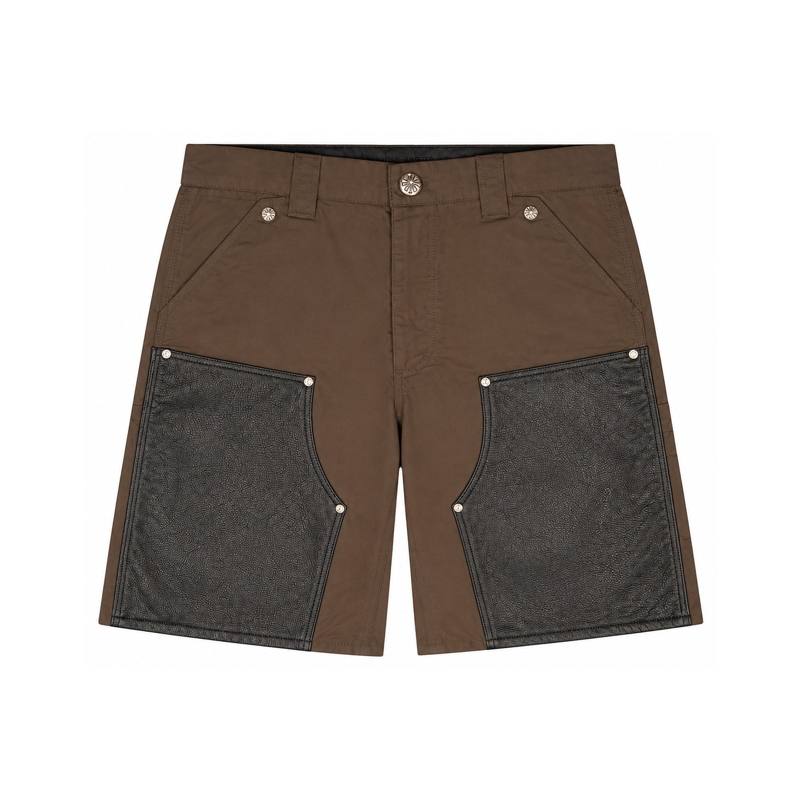 LEATHER DOUBLE KNEE NYLON CARPENTER SHORTS BLACK BROWN - front