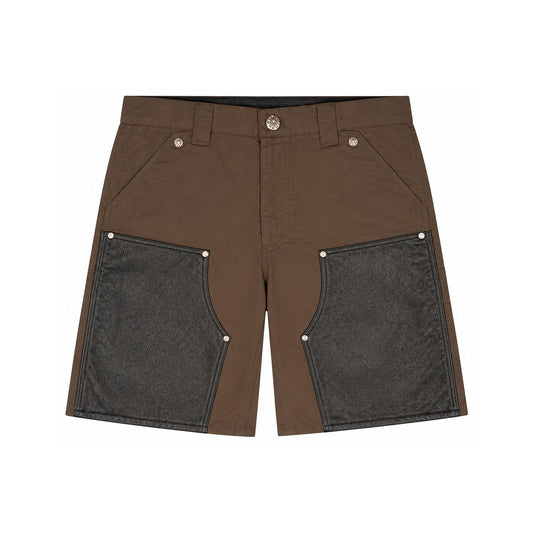 LEATHER DOUBLE KNEE NYLON CARPENTER SHORTS BLACK BROWN - front