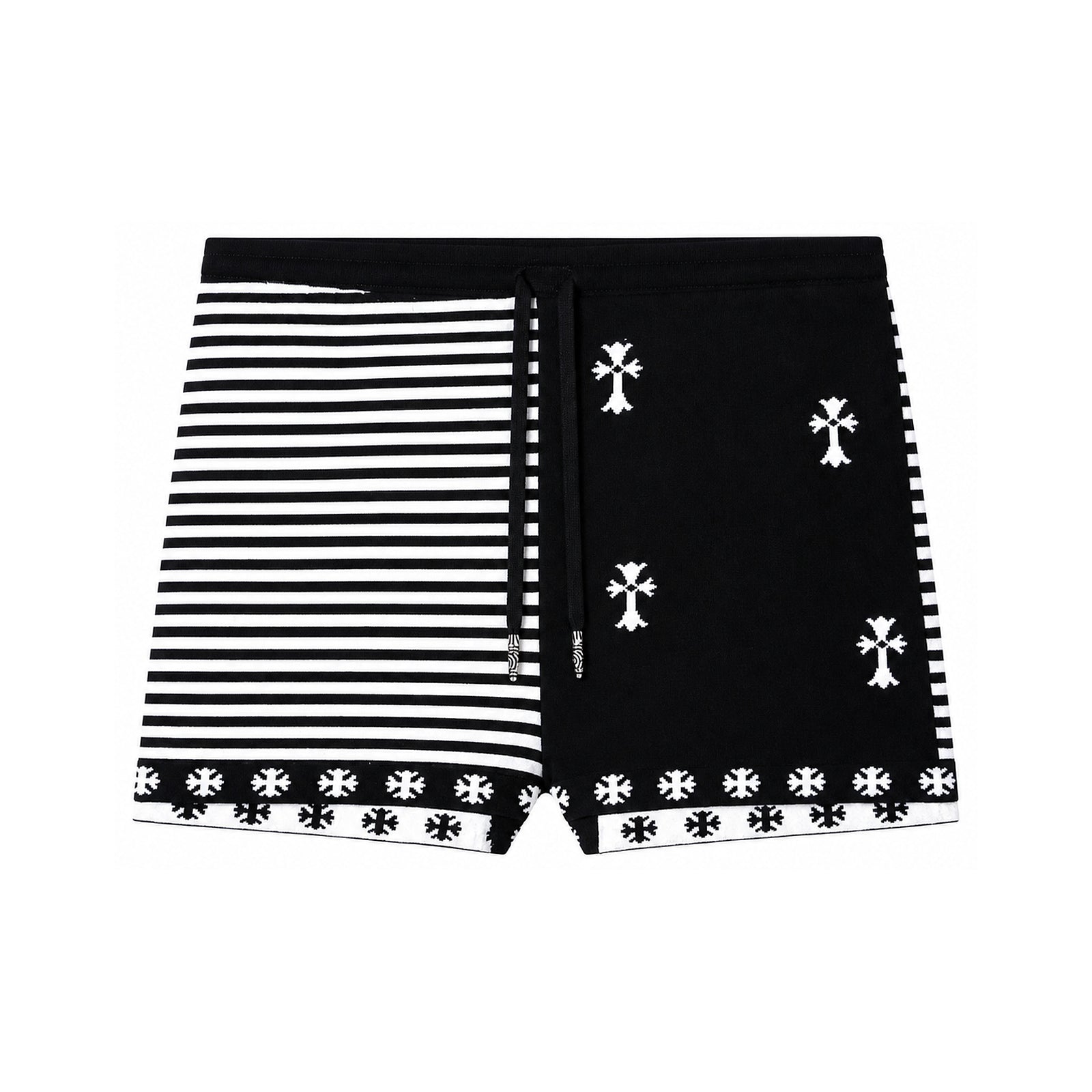 STRIPED CROSS STITCHING DRAWSTRING SHORTS WMNS BLACK WHITE - front